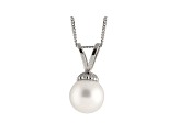 8-8.5mm White Cultured Freshwater Pearl Rhodium Over Sterling Silver Pendant With Chain