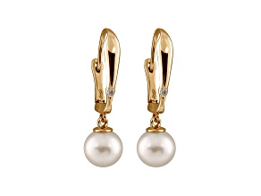 8-8.5mm White Cultured Freshwater Pearl Diamond 14k Yellow Gold Earrings