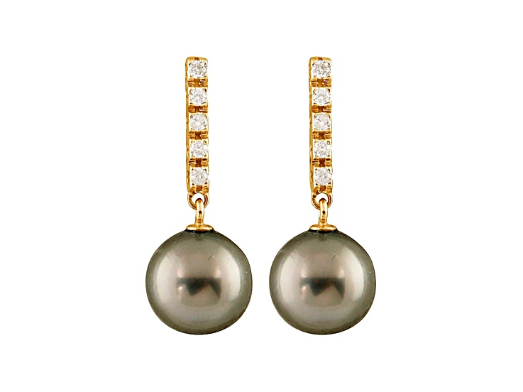 9-9.5mm Cultured Tahitian Pearl With 0.20ctw Diamond 14k Yellow Gold Earrings