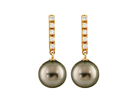 9-9.5mm Cultured Tahitian Pearl With 0.20ctw Diamond 14k Yellow Gold Earrings