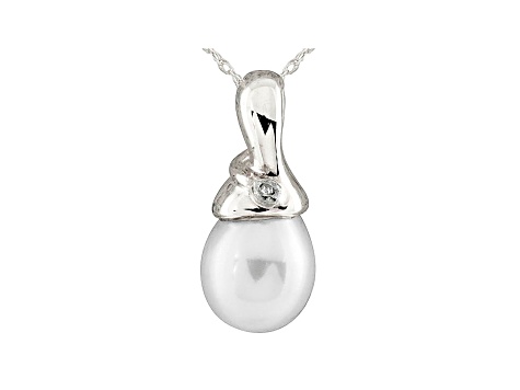 8-8.5mm Cultured Freshwater Pearl With Diamond 14k White Gold Pendant With Chain