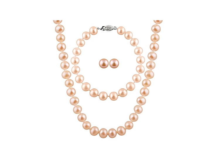 7-7.5mm Pink Cultured Freshwater Pearl Sterling Silver Jewelry Set