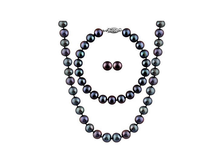 Black Cultured Freshwater Pearl Sterling Silver 18 Inch Strand Necklace, Bracelet & Earring Set