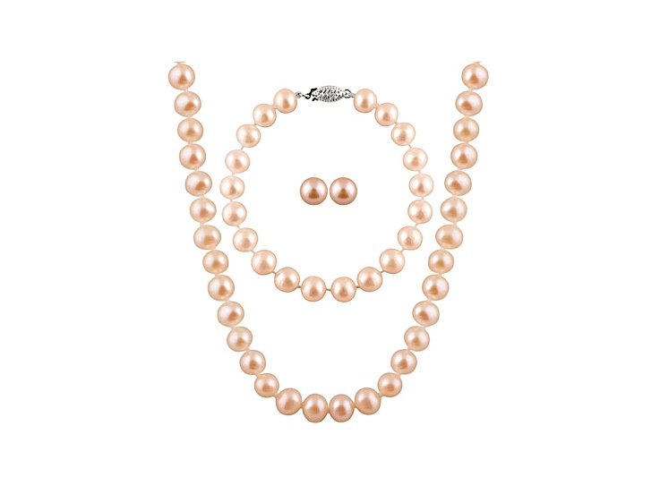 Pink Cultured Freshwater Pearl Sterling Silver 18 Inch Strand Necklace, Bracelet & Earring Set