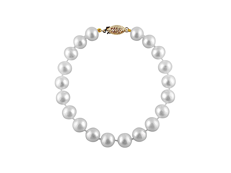 9-9.5mm White Cultured Freshwater Pearl 14k Yellow Gold Line Bracelet 7.25 inches