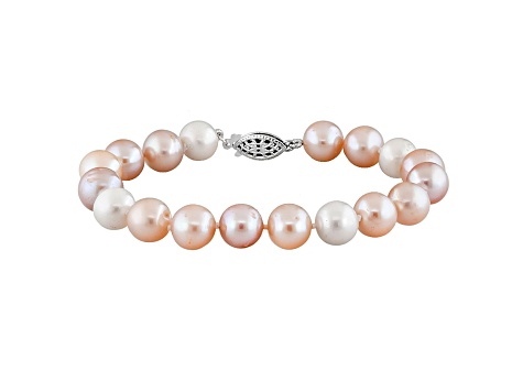 9-9.5mm Multi-Color Cultured Freshwater Pearl Rhodium Over Sterling Silver Line Bracelet 7.25 inches