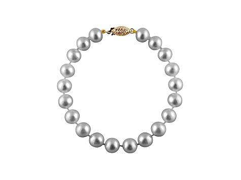 8-8.5mm Silver Cultured Freshwater Pearl 14k Yellow Gold Line Bracelet 8 inches