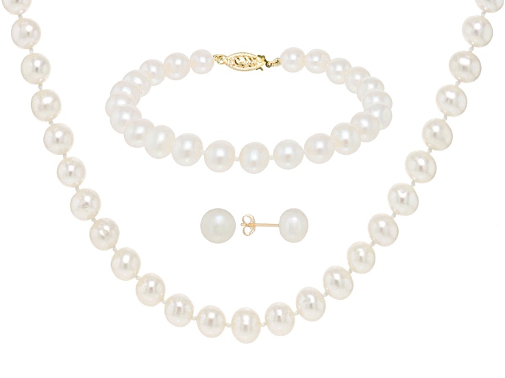 7-7.5mm White Cultured Freshwater Pearl 14k Yellow Gold Jewelry Set