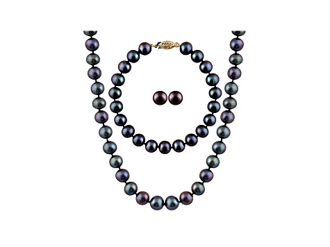 7-7.5mm Black Cultured Freshwater Pearl 14k Yellow Gold Jewelry Set