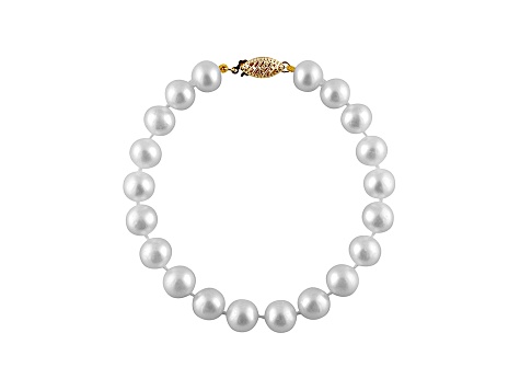 7-7.5mm White Cultured Freshwater Pearl 14k Yellow Gold Line Bracelet