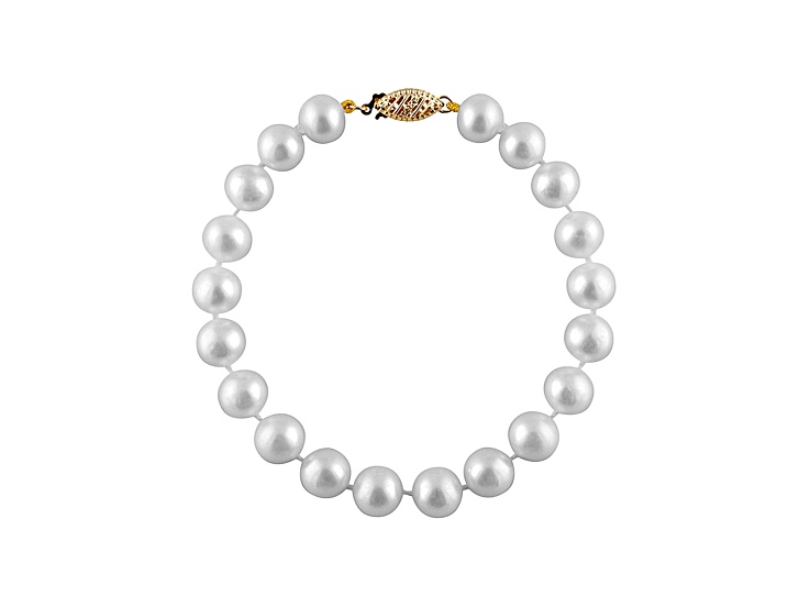 6-6.5mm White Cultured Freshwater Pearl 14k Yellow Gold Line Bracelet