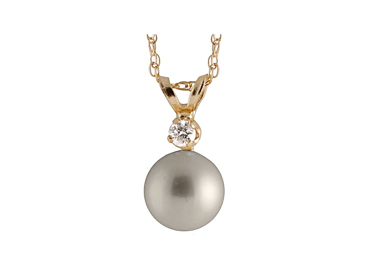 7-7.5mm Cultured Freshwater Pearl With Diamond 14k Yellow Gold Pendant