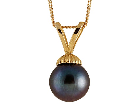 8-8.5mm Black Cultured Freshwater Pearl 14k Yellow Gold Pendant With Chain
