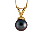 8-8.5mm Black Cultured Freshwater Pearl 14k Yellow Gold Pendant With Chain