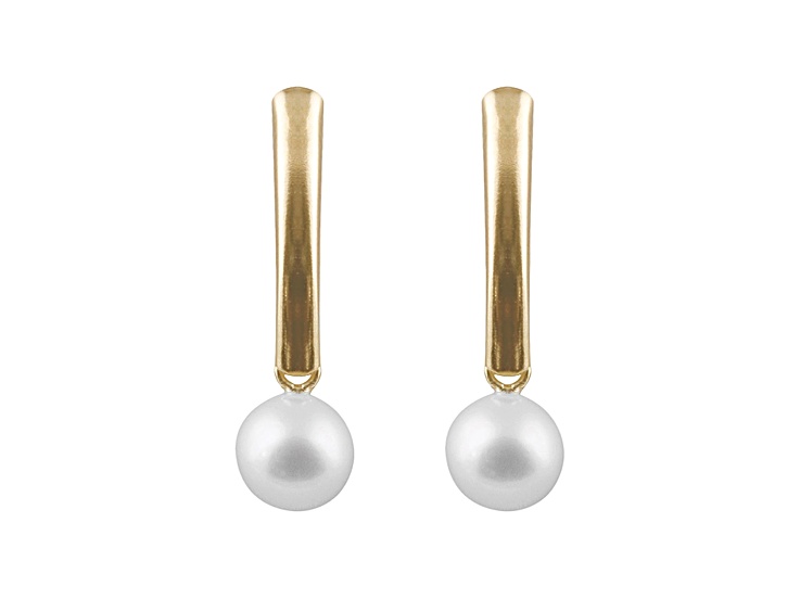 5.5-6.5mm White Cultured Freshwater Pearl 14k Yellow Gold Shield Earrings