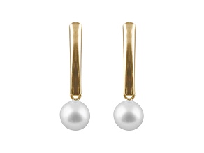 5.5-6.5mm White Cultured Freshwater Pearl 14k Yellow Gold Shield Earrings