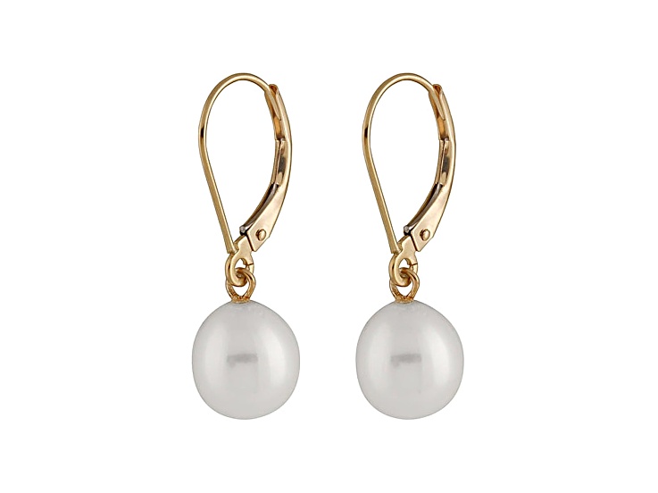 7-7.5mm White Cultured Freshwater Pearl 14k Yellow Gold Leverback Earrings