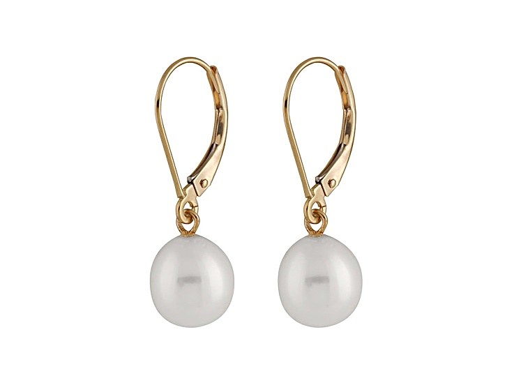 9-9.5mm White Button Freshwater Cultured Pearls in 14K Gold Lever-back Huggie Ball Earrings Handpicked AAA 