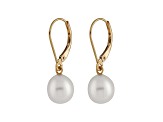 7-7.5mm White Cultured Freshwater Pearl 14k Yellow Gold Leverback Earrings