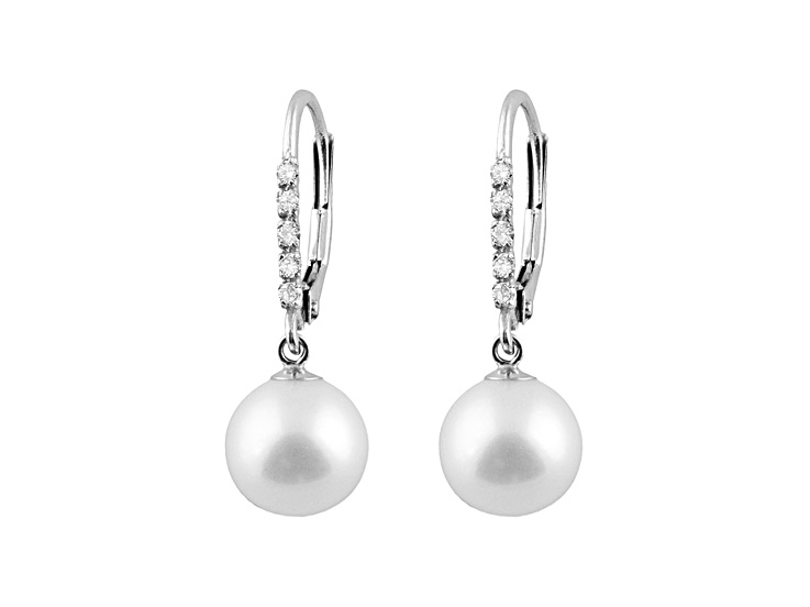8-8.5mm Cultured Freshwater Pearl Diamond 14k White Gold Leverback Earrings