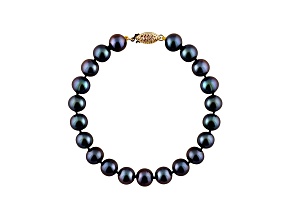 9-9.5mm Black Cultured Freshwater Pearl 14k Yellow Gold Line Bracelet 8 inches