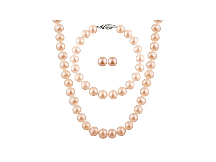 7-7.5mm Pink Cultured Freshwater Pearl Sterling Silver Jewelry Set