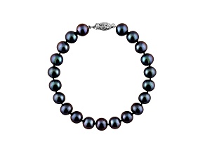 9-9.5mm Black Cultured Freshwater Pearl Rhodium Over Sterling Silver Line Bracelet 8 inches