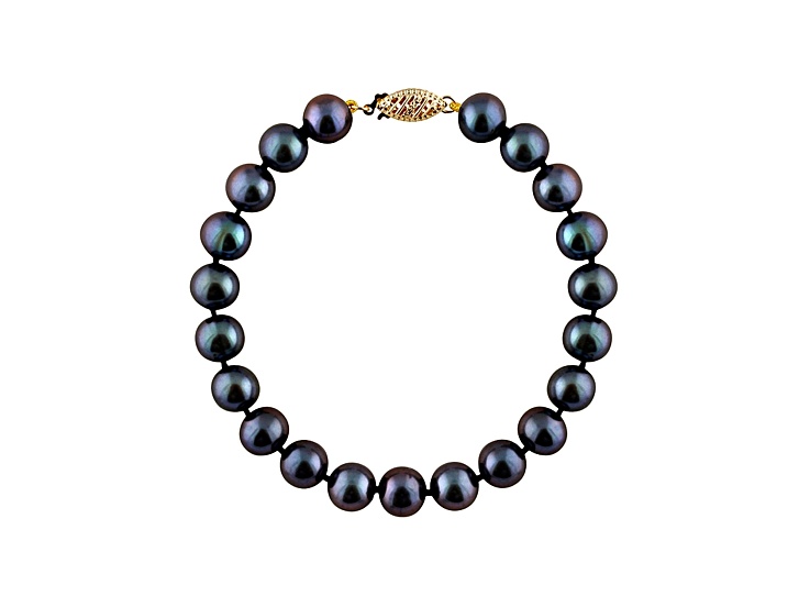 9-9.5mm Black Cultured Freshwater Pearl 14k Yellow Gold Line Bracelet