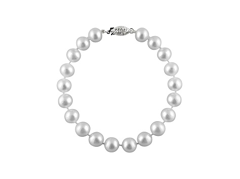 8-8.5mm White Cultured Freshwater Pearl Rhodium Over Sterling Silver Line Bracelet 8 inches