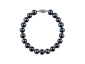 8-8.5mm Black Cultured Freshwater Pearl Rhodium Over Sterling Silver Line Bracelet 8 inches