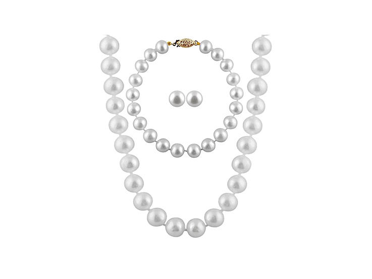 7-7.5mm White Cultured Freshwater Pearl 14k Yellow Gold Jewelry Set