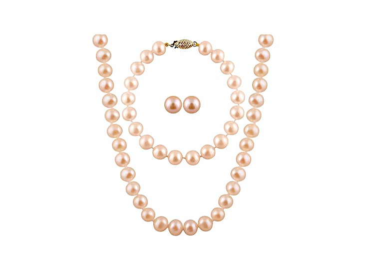 7-7.5mm Pink Cultured Freshwater Pearl 14k Yellow Gold Jewelry Set
