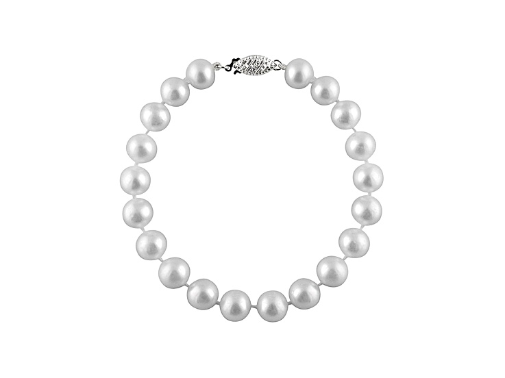 7-7.5mm White Cultured Freshwater Pearl 14k White Gold Line Bracelet 8 inches