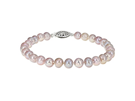 6-6.5mm Purple Cultured Freshwater Pearl Rhodium Over Sterling Silver Line Bracelet 7.25 inches