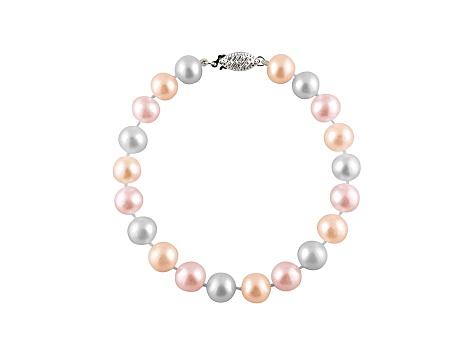 6-6.5mm Multi-Color Cultured Freshwater Pearl Rhodium Over Sterling Silver Line Bracelet