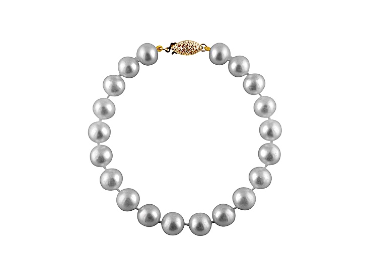 10-10.5mm Silver Cultured Freshwater Pearl 14k Yellow Gold Line Bracelet