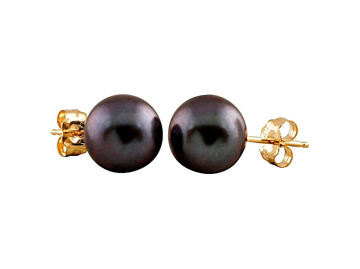 7-7.5mm Black Cultured Freshwater Pearl 14k Yellow Gold Stud Earrings