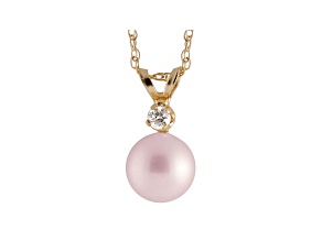 7-7.5mm Cultured Freshwater Pearl With Diamond 14k Yellow Gold Pendant