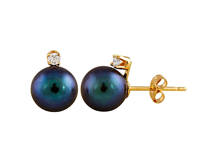 7-7.5mm Cultured Freshwater Pearl With Diamond 14k Yellow Gold Stud Earrings