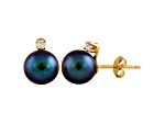 7-7.5mm Cultured Freshwater Pearl With Diamond 14k Yellow Gold Stud Earrings