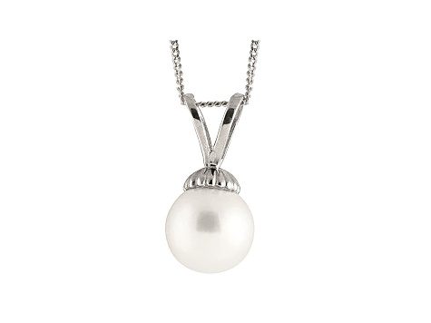 8-8.5mm White Cultured Freshwater Pearl 14k White Gold Pendant With Chain