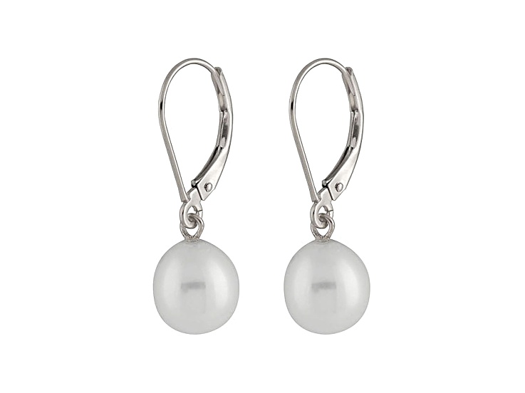 7-7.5mm White Cultured Freshwater Pearl Rhodium Over Sterling Silver Leverback Earrings