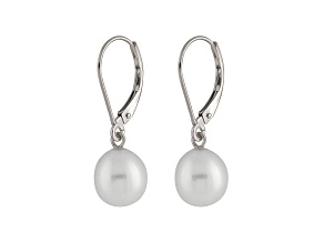 7-7.5mm White Cultured Freshwater Pearl Rhodium Over Sterling Silver Leverback Earrings