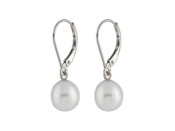 Picture of 7-7.5mm White Cultured Freshwater Pearl Rhodium Over Sterling Silver Leverback Earrings