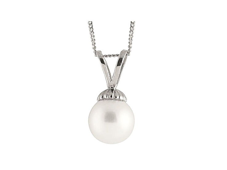 8-8.5mm White Cultured Japanese Akoya Pearl 14k White Gold Pendant With Chain