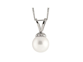 8-8.5mm White Cultured Japanese Akoya Pearl 14k White Gold Pendant With Chain