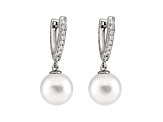 10-10.5mm White Cultured South Sea Pearl With Diamond 14k White Gold Earrings