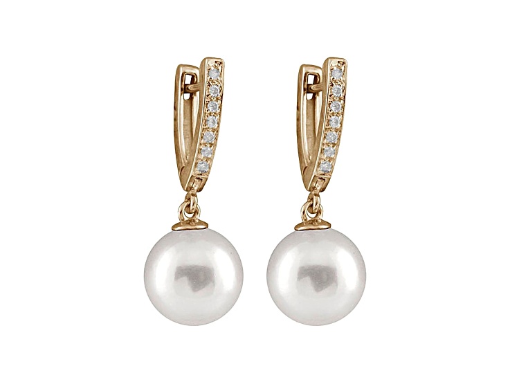 10-10.5mm White Cultured Australian South Sea Pearl Diamond 14k Yellow Gold Earrings