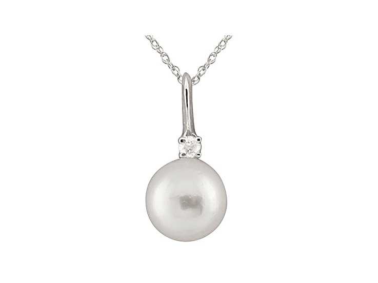 8-8.5mm Cultured Japanese Akoya Pearl Diamond 14k White Gold Pendant With Chain