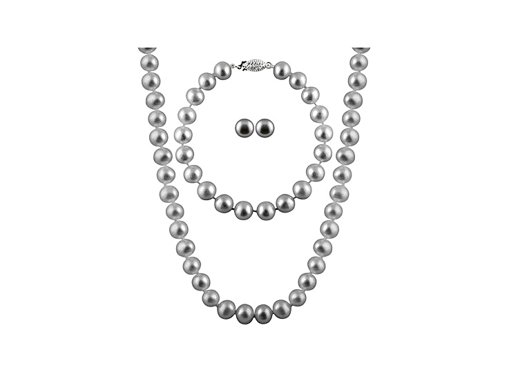 Platinum Cultured Freshwater Pearl Sterling Silver 18 Inch Strand Necklace, Bracelet & Earring Set